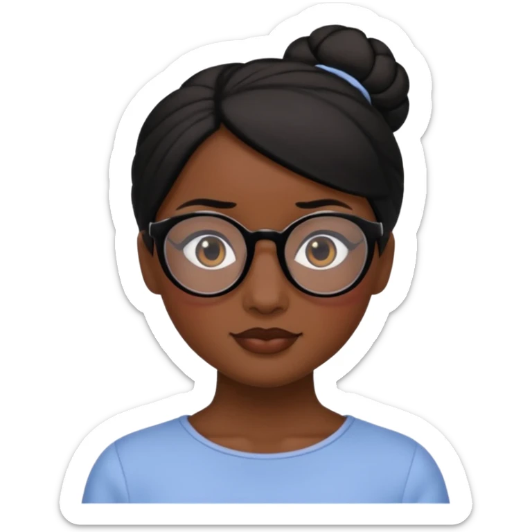 A woman with dark skin, black hair in a neat bun, black glasses, and an oval face with soft features. sticker