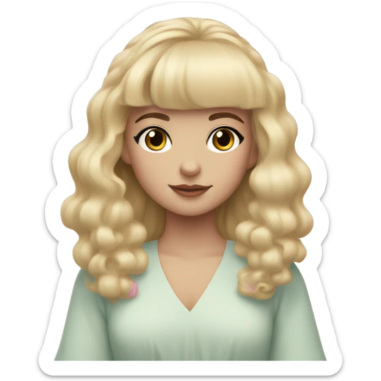 Blonde, pale girl with bangs and long, curly hair and a pastel pink puff sleeve dress sticker