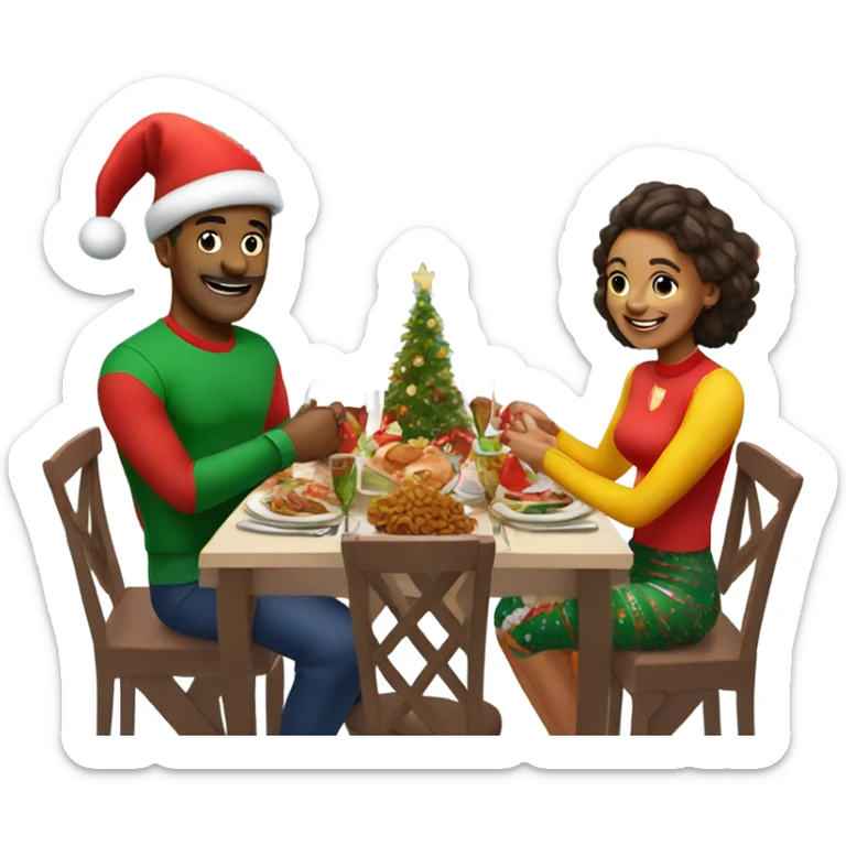 emoji Sports couple , a man and a woman in sportswear, sitting at the Christmas festive dinner table sticker