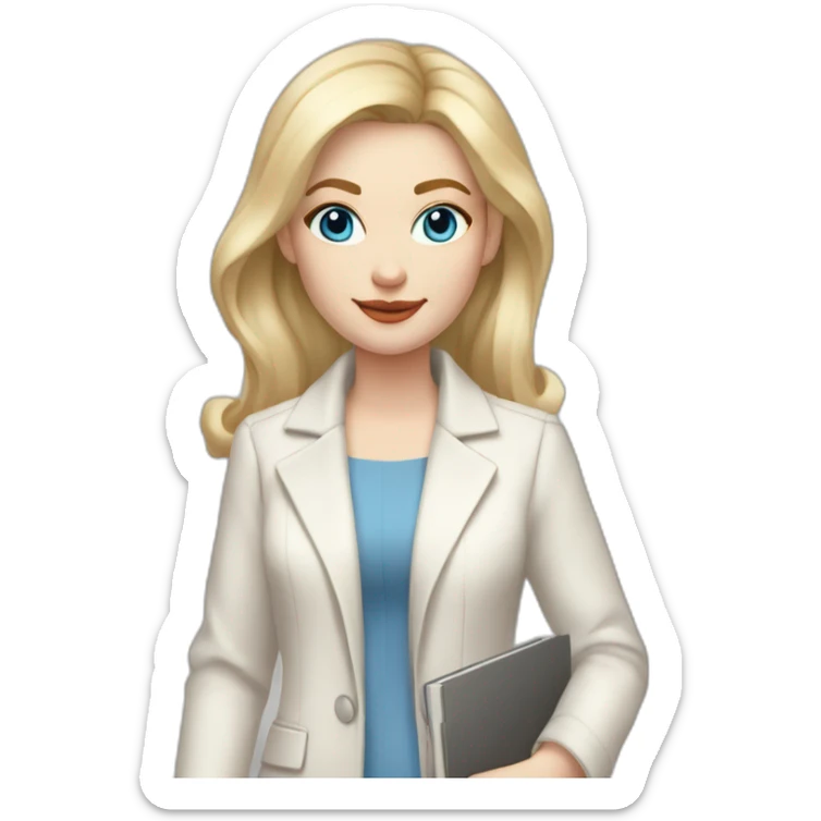pale skin woman with blonde middle length straight line hair, blue eyes, White classical jacket, Gray Palazzo pants holding a color palette in the hands sticker
