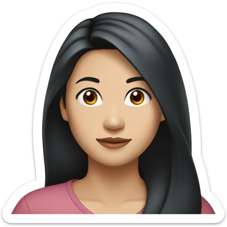 A head and shoulders shot of a 36 year old Asian woman, with long black hair,   with brown eyes wearing a t-shirt. sticker