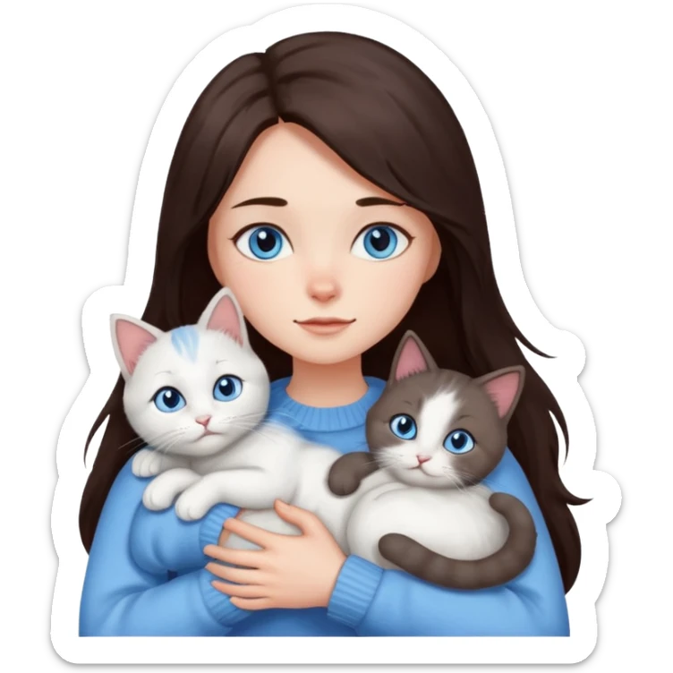 a girl with long dark 
brown hair, with blue eyes, in a
white sweater, hugs 3 different natural coloured cats sticker