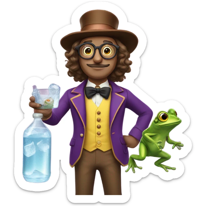 Willy Wonka with long brown hair and he’s yellow Trippin with glasses on a mustache and he’s holding a frog and a seltzer sticker