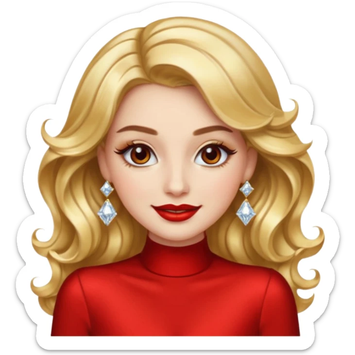 “Emoji girl, glamorous smile, shimmering gold eyeshadow, bold red lips, voluminous waves, dramatic lashes, wearing diamond earrings and gold gown.” sticker