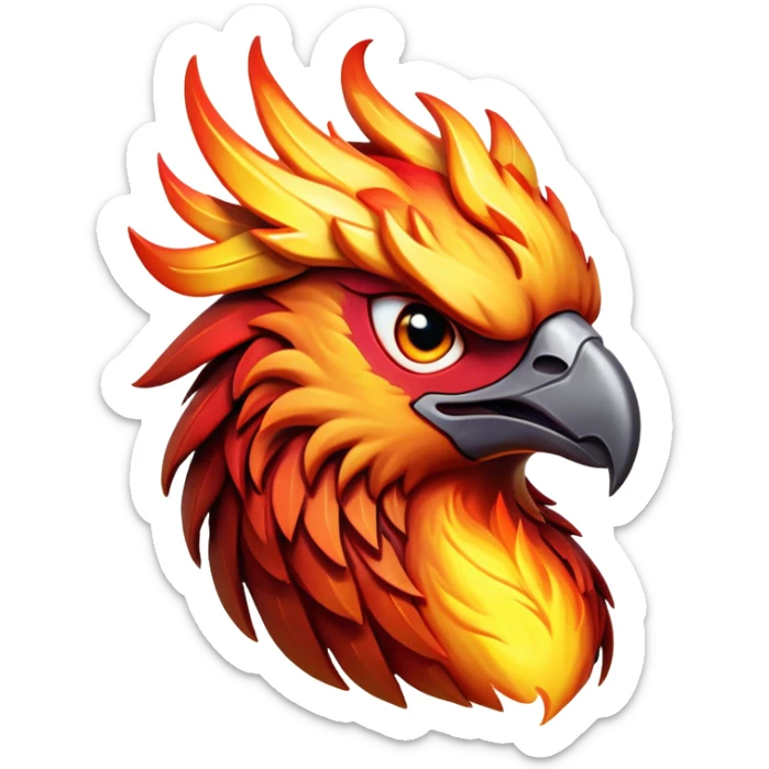 Cinematic Fierce Battle-Hardened Mystical Fire Phoenix Portrait Emoji, head tilted with an aggressive, unwavering gaze that speaks of relentless combat. The flame-kissed form is marked by rugged, charred feathers and vivid battle scars. Its blazing eyes radiate raw intensity and steely resolve, rendered with lifelike detail and stark natural lighting, high shine, channeling an aura of unyielding warlike energy and valor, softened by a dynamic glowing outline that highlights its battle-earned ferocity. sticker
