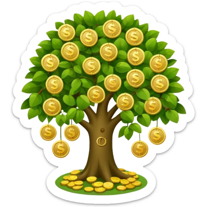 Apple-style money tree, round soft green canopy.
No pot, no ground — only the tree.
Small gold coins as fruits inside the leaves (not below).
Flat 2D vector, clean shapes, no gradients.
Dark near-black background, premium fintech icon. sticker