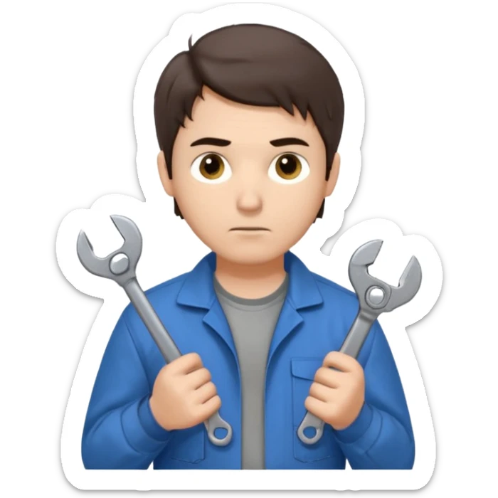 Calm and independent male technician, fair skin, short tousled dark brown hair, cool gray eyes, serious but composed expression, wearing a blue work jacket over a grey t-shirt, holding a wrench in one hand and a mechanical gear in the other, waist-up, front-facing sticker