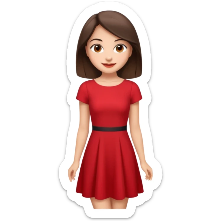 Cartoon emoji of a young brunette woman with fair-medium skin, brown eyes, wearing a red outfit. Full-height, standing confidently in a red dress  posing sexy with a smile and relaxed posture. Smooth, friendly, stylized, make up on, flirty eyes and smile sticker