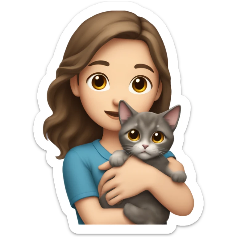 A girl with medium-length brown hair is holding a gray lop-eared cat in her arms sticker