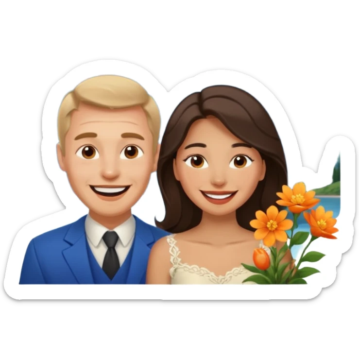 Couple  laughing traveling russian man and elegant  Latina girl delicate flowers and mountains in the background  sticker