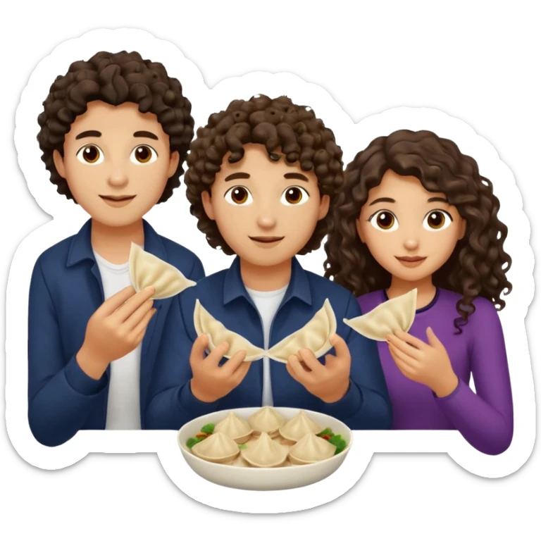 Can you create an emoji of three 23 year olds eating dumplings. One boy with wavy curly hair one Jewish girl with long dark brown curly hair and one half Indian / half white girl with mid length dark brown hair. All brown eyes sticker