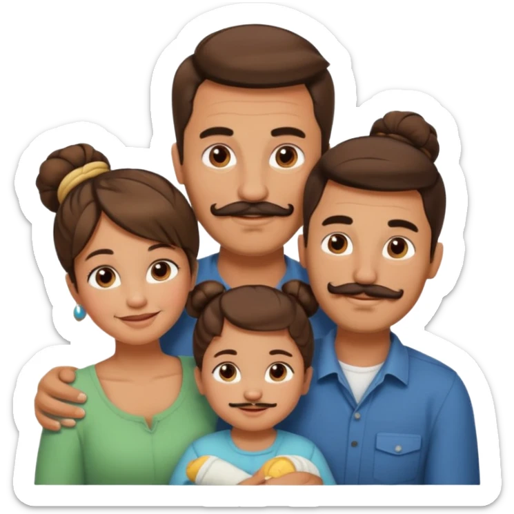 brown family with mom dad teenage daughter toddler son and baby. moms hair is in a bun and dad has a mustache and beard sticker