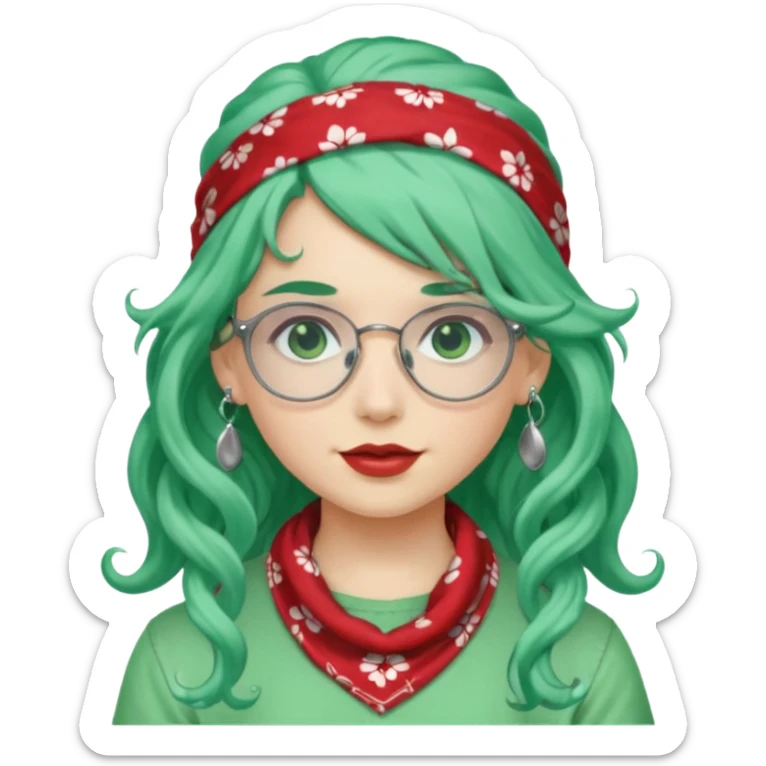 girl with long curly peppermint green hair and single-color bandana and glassess and earring sticker