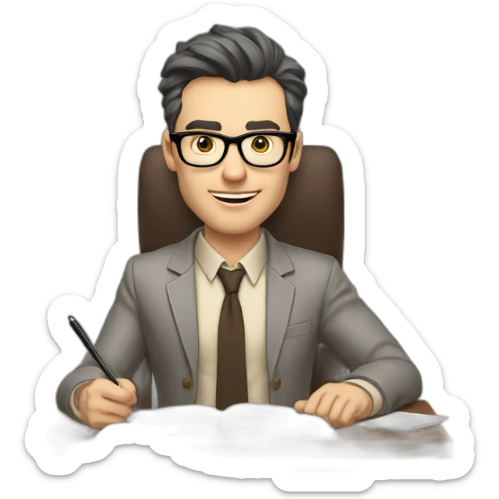 Fooling showing his tongue Pale skinned Fit Man With dark brown hair in gray jacket, beige office shirt, Brown pants and vintage glasses sitting In a soft chair with a notebook and a pen sticker