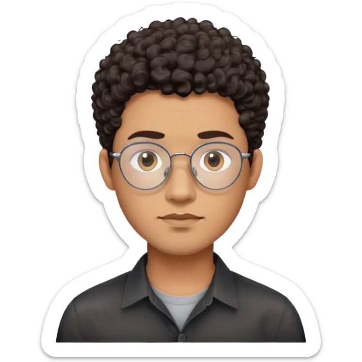 Man with oval-shaped face, large oval metallic glasses, dark curly short hair with high fade, light brown complexion, gentle expression, black button-up shirt sticker