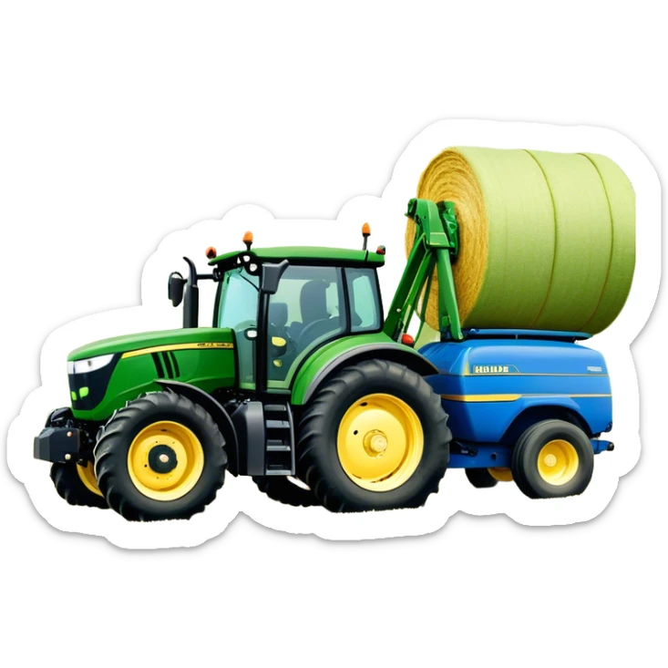 Baler – New Holland Roll-Belt 560 (2018) – Cinematic-realistic John Deere 6155M tractor towing a New Holland Roll-Belt 560 baler, its deep green body contrasting with the bright blue baler. The massive machine moves steadily through golden fields, compressing freshly cut hay into tight round bales, while dust swirls under the blazing afternoon sun. sticker