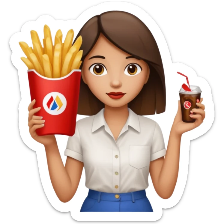 a young woman full length with cola in one hand and french fries in the other hand and a painting under her arm walking left sticker