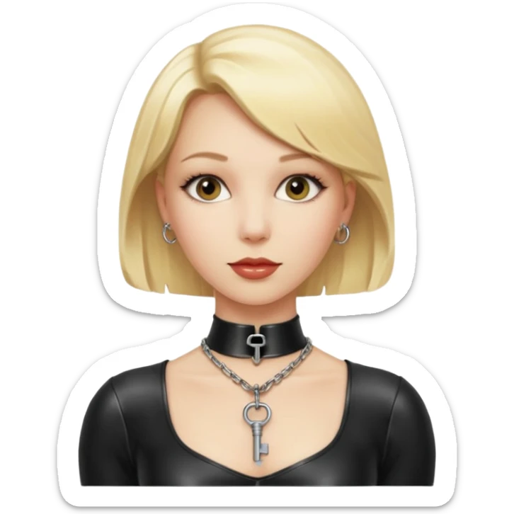 Dominatrix with blonde hair, latex outfit, old fashioned key necklace sticker