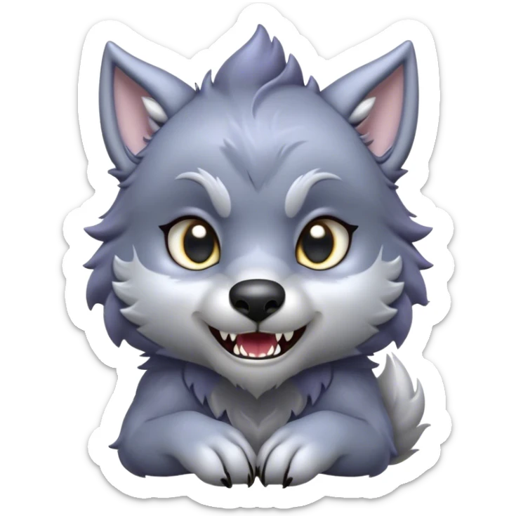 Cinematic Cute Werewolf Portrait Emoji, with a cuddly, miniature lupine form in soft moonlit grays and silvers, featuring oversized sparkling eyes and a sweet, endearing snarl, simplified yet irresistibly adorable, highly detailed with a gentle glowing outline that captures the playful, heartwarming essence of a little werewolf! sticker