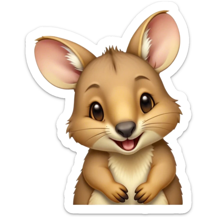 Cinematic Cute Yawning Wallaby Portrait Emoji, Head tilted slightly with a dramatic, wide-open yawn, showcasing a soft, downy tan fur with gently drooping ears, round amber eyes barely open in drowsy contentment, Simplified yet irresistibly adorable features, highly detailed, glowing with a soft, cozy glow, high shine, relaxed yet expressive, stylized with a touch of outback charm, bright and endearing, soft glowing outline, capturing the essence of a sleepy yet affectionate wallaby, so drowsy it feels like it could stretch out of the screen and curl up for a nap! sticker