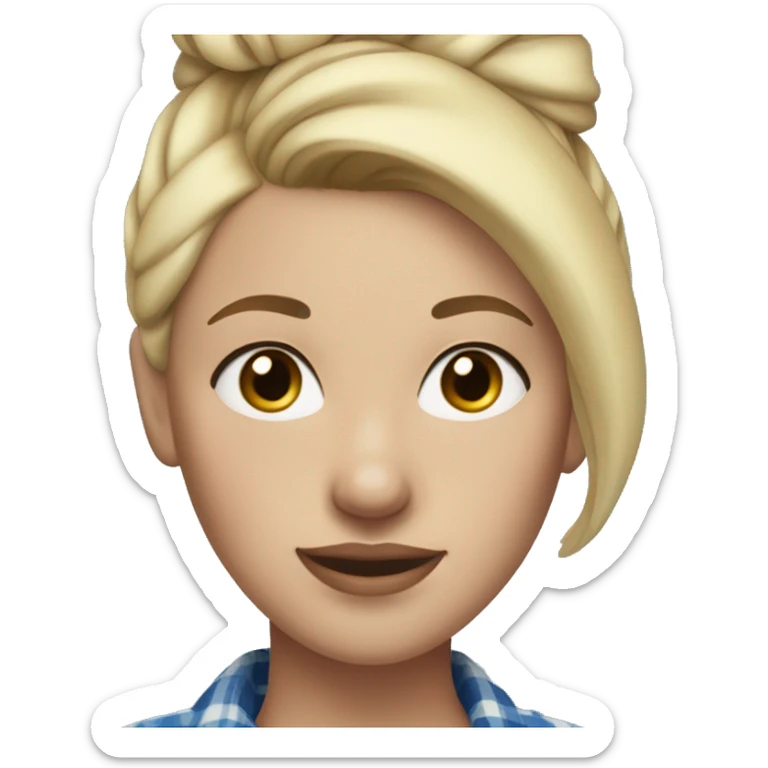 Blonde woman with freckles, blonde hair in a high bun, blue flannel, and gap in her tee sticker