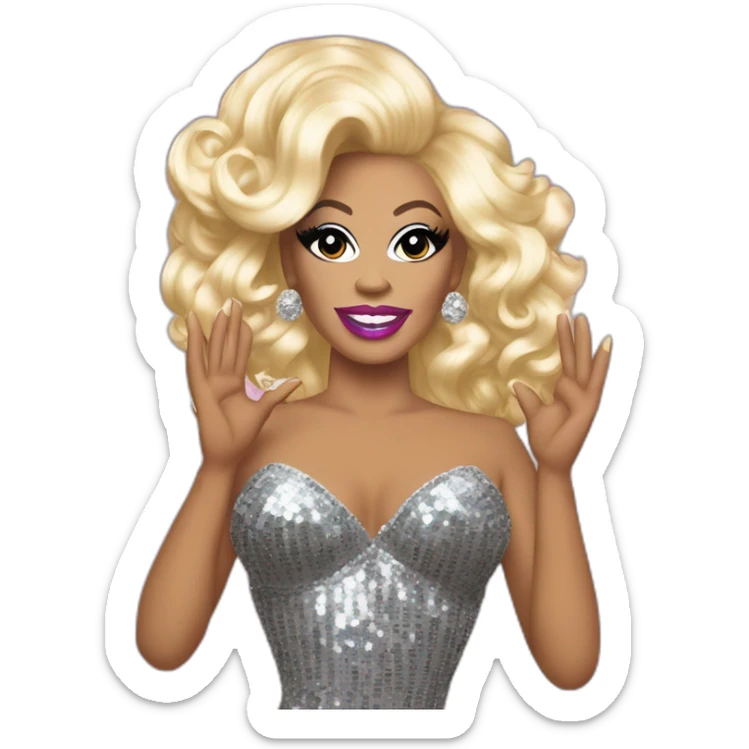 Drag queen, full body. Rupaul Charles. blonde hair styled swept to the side. sequin dress, posed with left hand on her hip, right hand raised in the air. Iconic, legendary, proud sticker