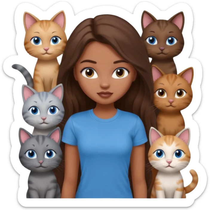 a pretty bratz dusky girl with long brown hair, blue eyes with six cats nd wearing a grey tshirt sticker