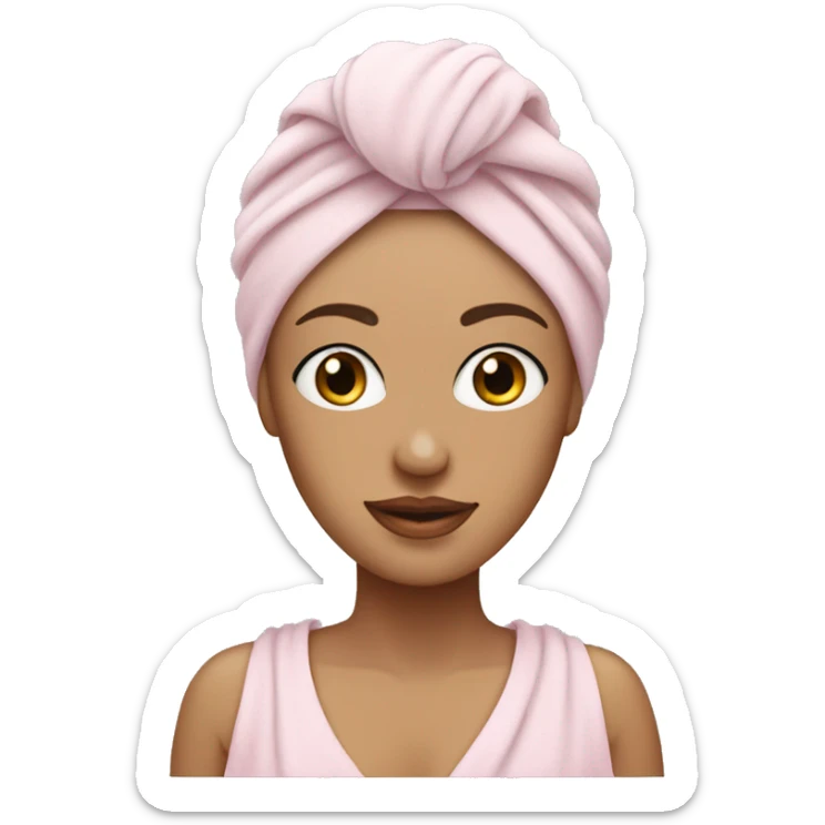 White Woman wearing pale pink towel turban with hazel eyes sticker