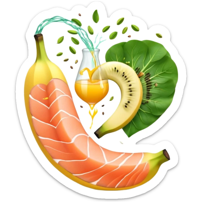 Banana, spinach, salmon fillet, sliced kiwi, pistachios, and a glass of orange juice emitting electrical sparks that flow toward a heart and nervous system. The electrical currents highlight the role these potassium-rich foods play in maintaining heart rhythm and muscle function. sticker