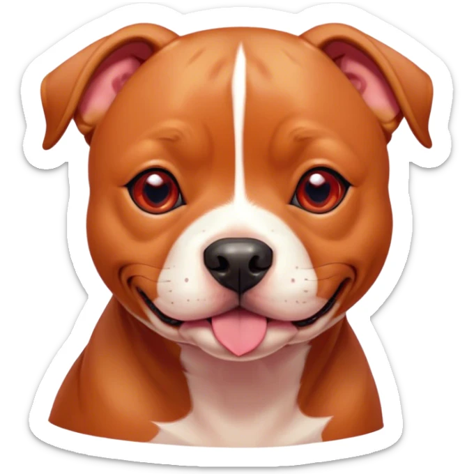 Cinematic Cute Red/Fawn Staffordshire Bull Terrier Portrait Emoji, Head tilted playfully and inquisitively, featuring a glossy red/fawn Fur with a vibrant sheen and delicate white accents, round, sparkling dark eyes filled with curiosity, Simplified yet irresistibly adorable features, highly detailed, glowing with a warm, friendly glow, high shine, affectionate and spirited, stylized with a touch of whimsy, bright and endearing, soft glowing outline, capturing the essence of a mischievous yet loving pup, so playful it feels like it could bound out of the screen and into your arms! sticker