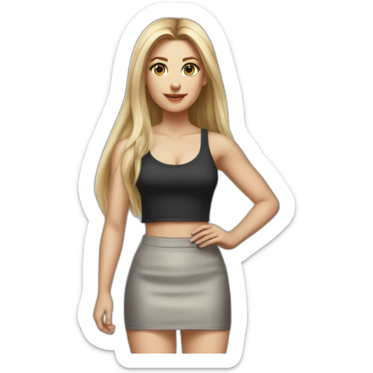 caucasian woman, with long straight hair, blonde hair, brown eyes, white tank top, gray tight mini skirt, black heel shoes, full body, hyperrealist drawing sticker