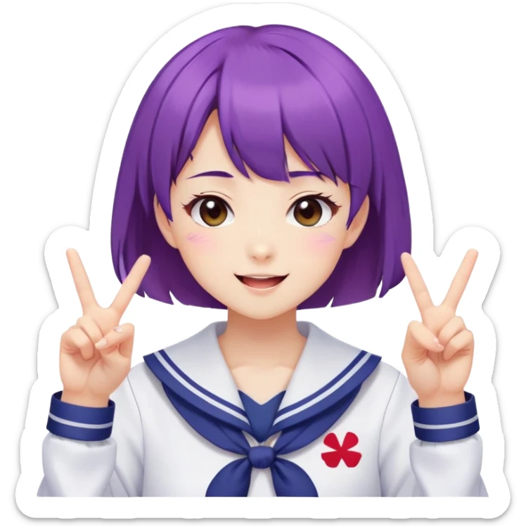 Energetic anime girl with short purple hair wearing Japanese sailor style school uniform, winking and making double peace signs, very cheerful and bubbly, kawaii style sticker
