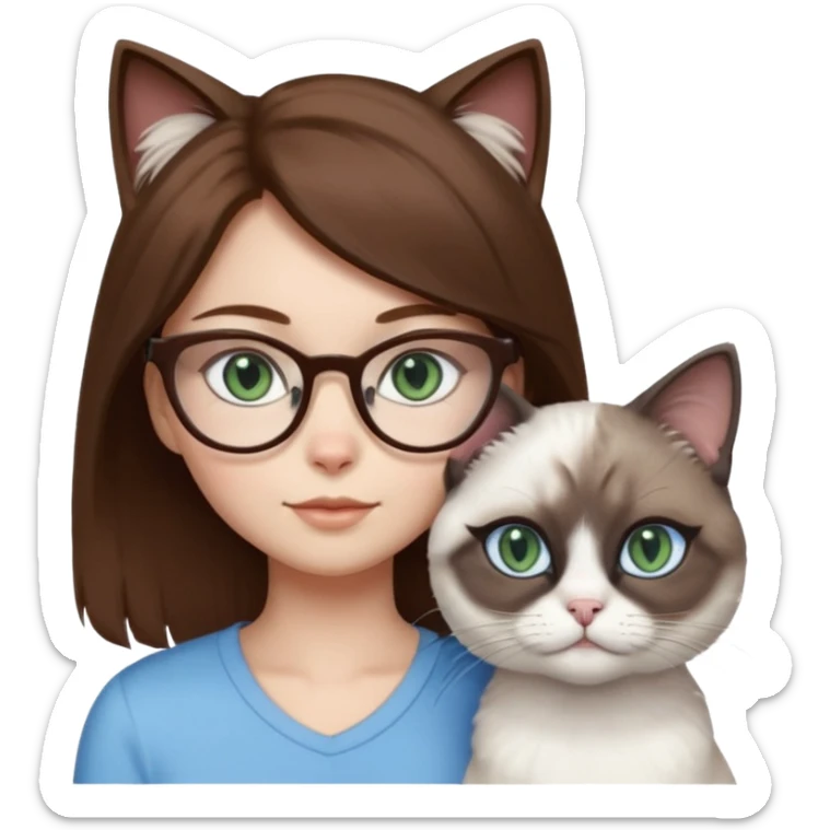 O fata cu parul saten cu ochii griji-albastrii ,ochelari și codițe de pisica ..și langa o pisicuță alba pufoasa ,cu ochii verzi și o a doua pisica siameza pufoasa cu capul maro -negru și coada ,restul corpului un maro deschis spre alb  , ochii albaștrii  sticker