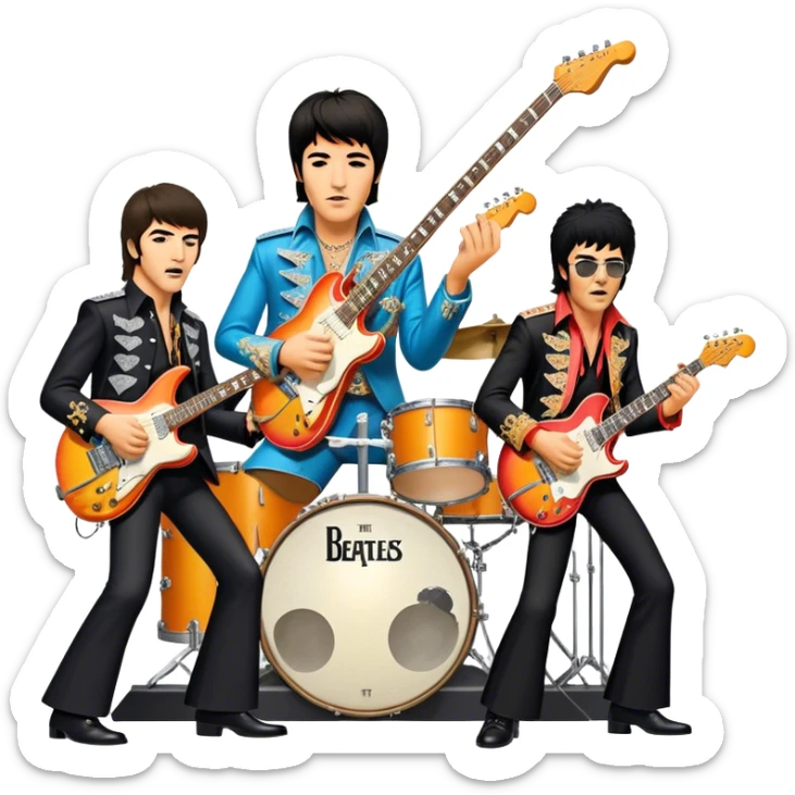 Rock music icon: vibrant stage with electric guitars, drums, and amplifiers. Collage of rock legends—The Beatles, Jimi Hendrix, and Elvis Presley—capturing the rebellious spirit and timeless energy of rock music. Transparent background. sticker