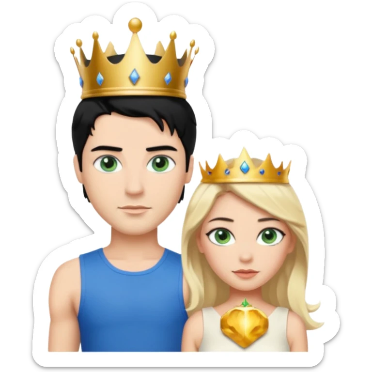 Prince with crown, black hair, body, legst, blue eyes, woman blonde hair, green eyes, sexy white short sleveless dress,  sticker
