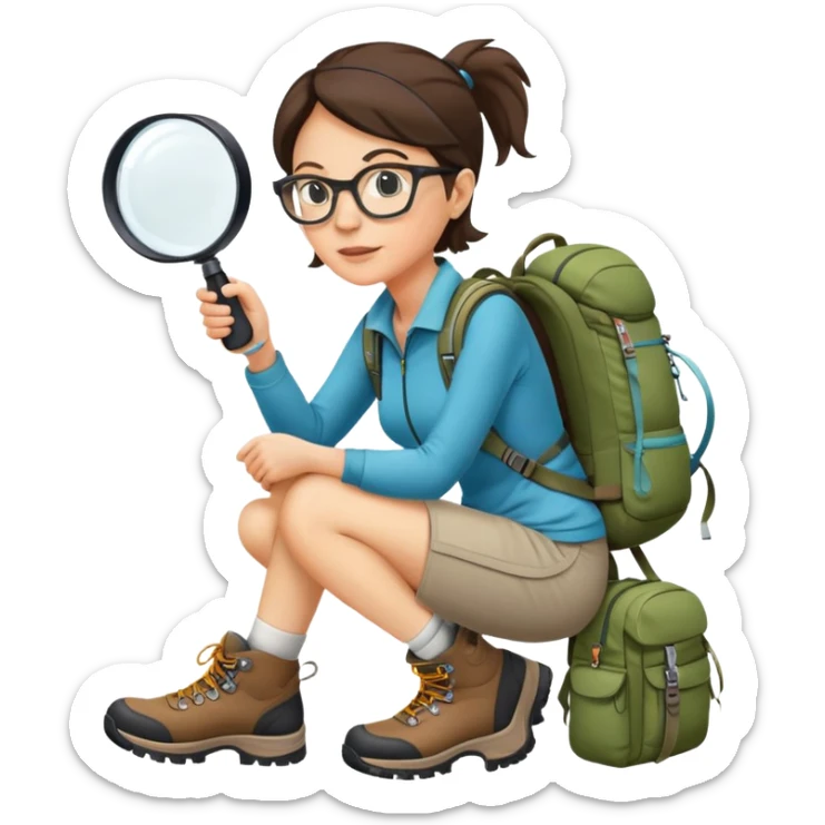 Woman in her 40s with glasses wearing sporty outfit, hiking boots, and backpack, holding a magnifying glass and looking curious sticker