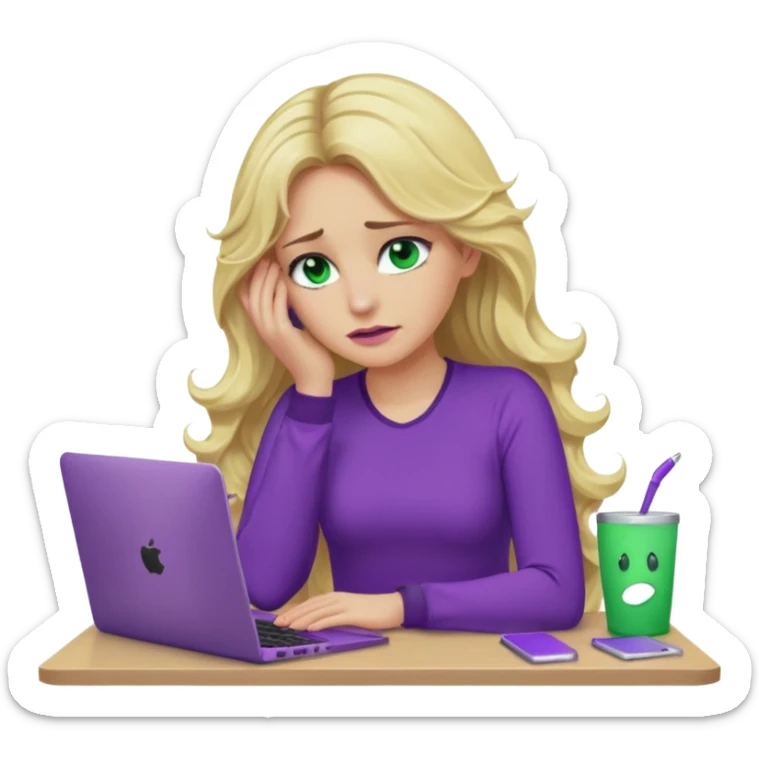 lady with long wavy blonde hair, purple top, green eyes, elbow on desk with hand on face, with a purple mac laptop tears down face. sticker