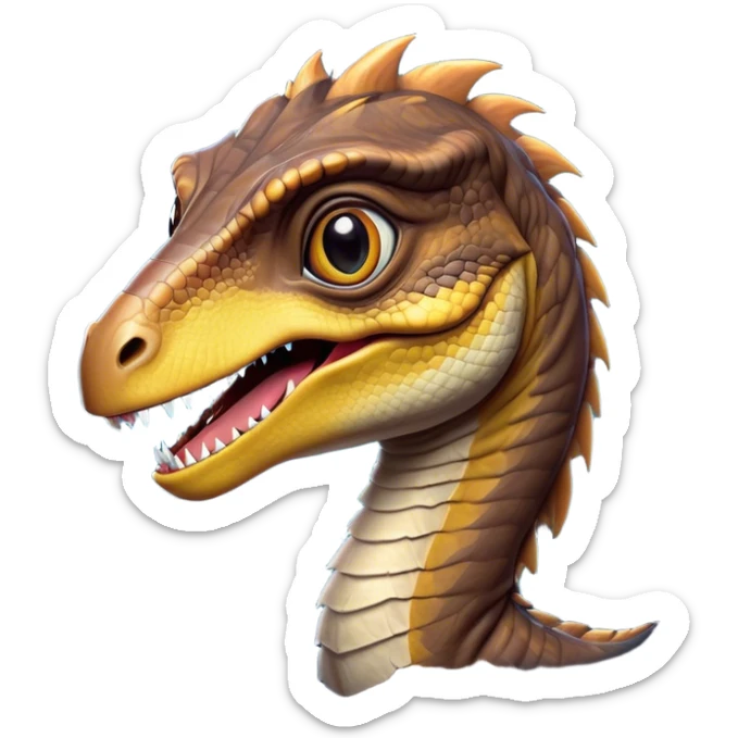 Cinematic Cute jurassic park Velociraptor Portrait Emoji, Head tilted playfully with a cheeky smirk, featuring a compact, agile form with smooth, dark scales and softened, expressive eyes that sparkle with mischievous charm, Simplified yet irresistibly adorable features, highly detailed, glowing with a warm, inviting prehistoric glow, high shine, affectionate and lively, stylized with a touch of whimsical dinosaur mischief, soft glowing outline, capturing the essence of a playful jurassic park Velociraptor that seems as if it could sprint out of the screen into your heart! sticker