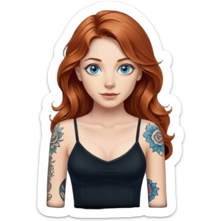 Long wavy Auburn hair woman BLUE eyes wearing black cami and one tattoo sleeve sticker