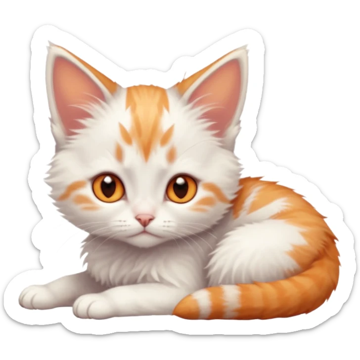 full body of very small + skinny ginger and white kitten with deep orange eyes and triangular shaped face lying down sticker