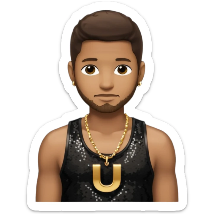 Usher with dark brown hair, black sequin tank top, necklace with letter u sticker