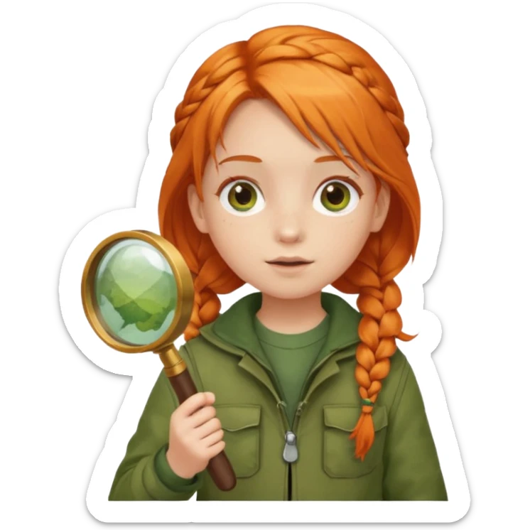 braid orange haired girl kid in moss green explorer outfit, holding magnifying glass sticker