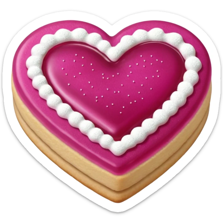 Realistic shortbread cookie in the shape of a heart with Fuchsia color jelly middle filling and sprinkled powder sugar on top. sticker