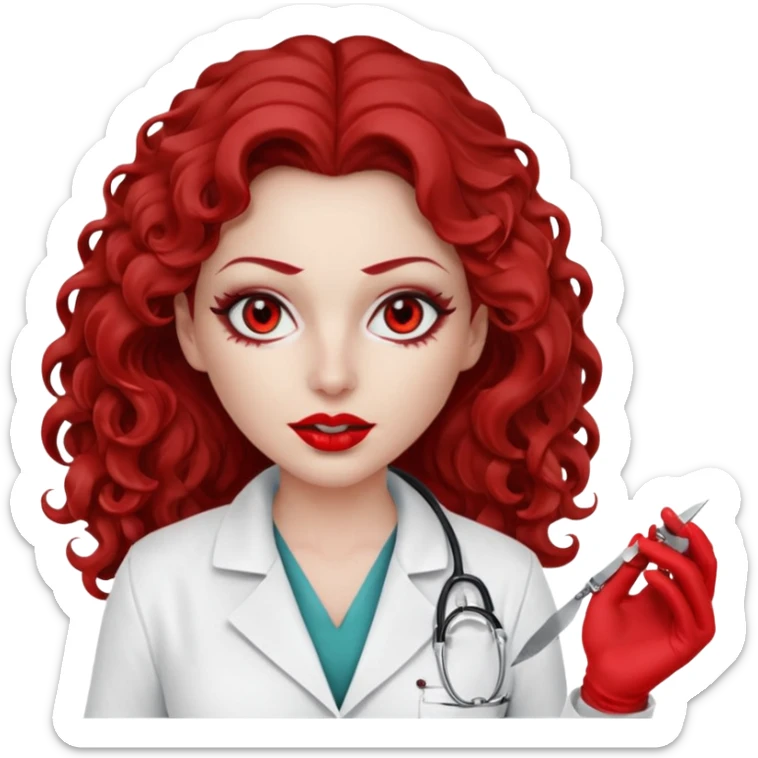 Scary woman scalpel in hand, evil surgeon sexy .  She has red eyes. Her  brown long curly hair. Wears sexy doctor outfit with red gloves. make her hair free and brown but she  wear mouth cover   to hide. Wears white surgeon jacket andpejab only hides lips and nose  eyes sticker