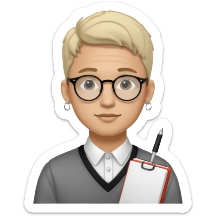 A man in his 20s wearing an apnotebook, wearing radio earrings, round glasses, achromatic clothes sticker