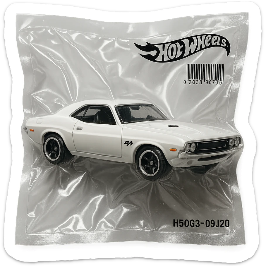 white 1971 Dodge Challenger Hot Wheels toy car, glossy, inspired by the movie 'Death Proof' sticker