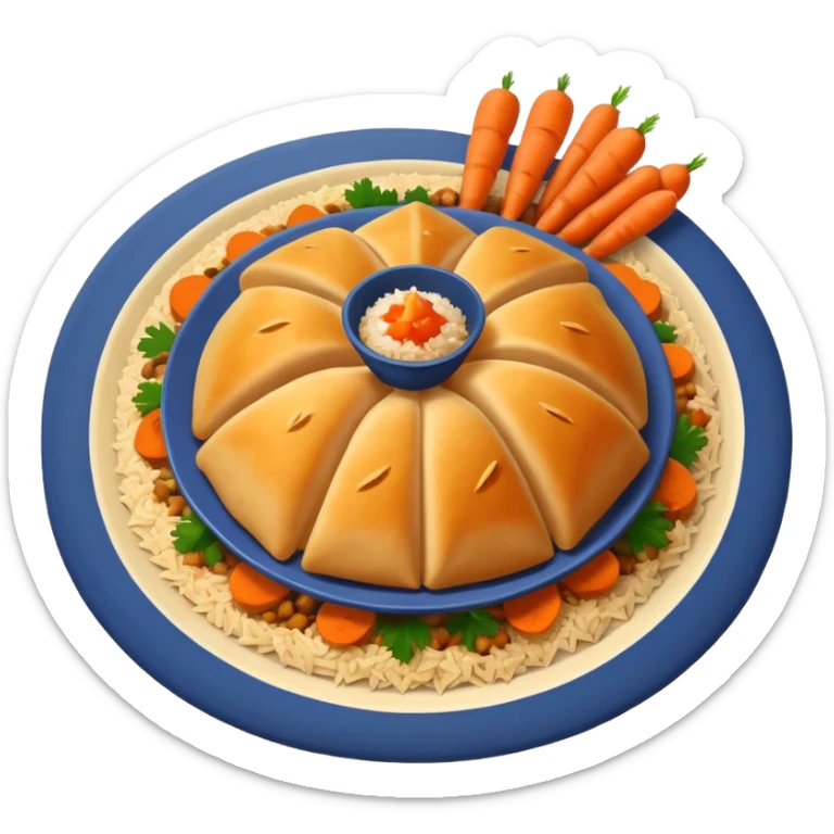 Uzbek cuisine humanless avatar in bright emoji-style illustration. Classic dishes like plov and samsa, warm golden and earthy tones, simple shapes, flat design, high contrast, friendly and appetizing. sticker