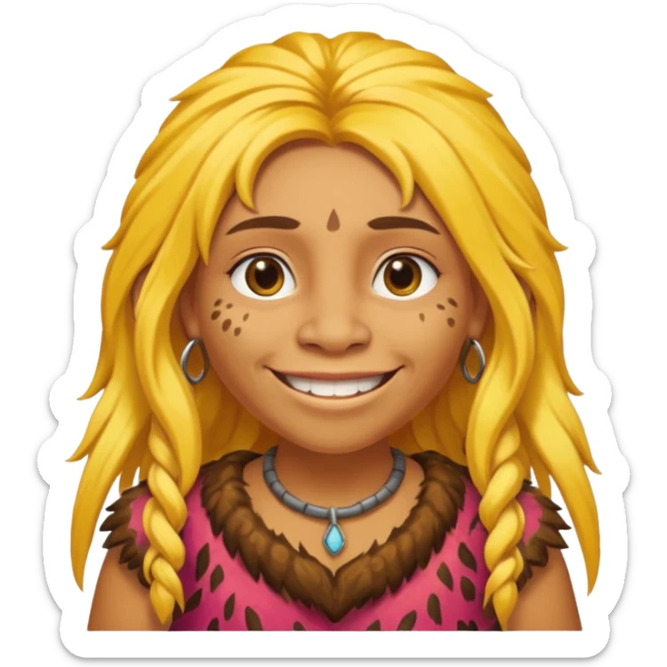 smiling Neanderthal woman with long yellow hair and animal skin clothing sticker