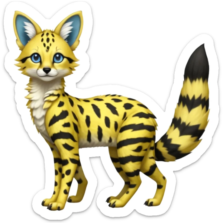 beautiful elegant spotted hype-realistic, black-maned, vibrant yellow Genet-Serval-Sergal-Margay-Fox-fusion-hybrid-furry-fursona, full body, with a long puffy fluffy black-and-white-striped tail, black long big ears, with natural blue eyes sticker