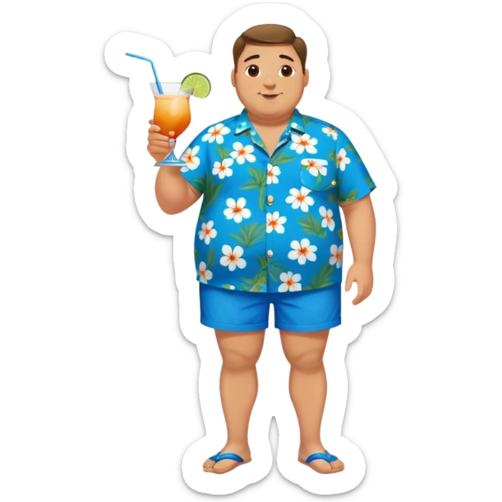 chubby guy full figure in a flowered azure havai shirt, brown shorts and flippers holding a cocktail sticker